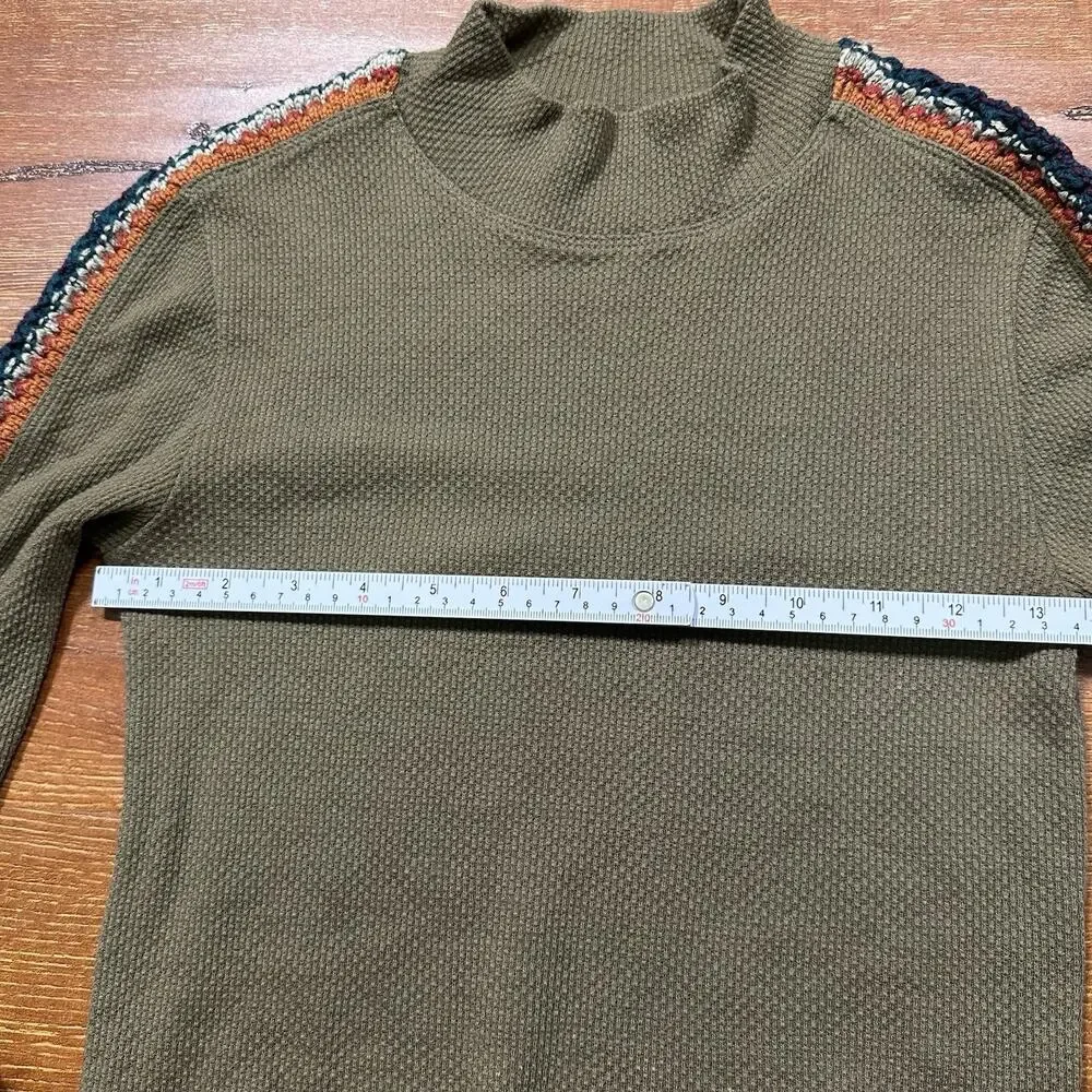 Free People Crop Thermal Shirt Womens S Green Long Sleeve Embroidered Crochet
